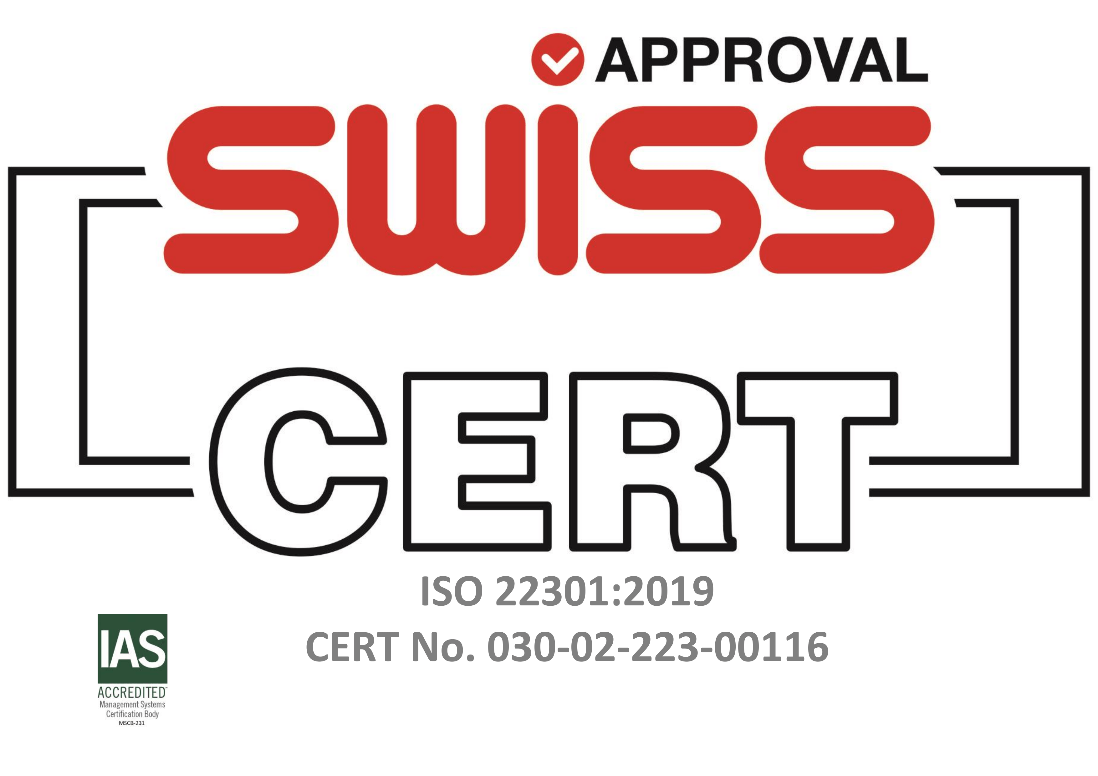 ISO 22301 certification badge (SWISS CERT)