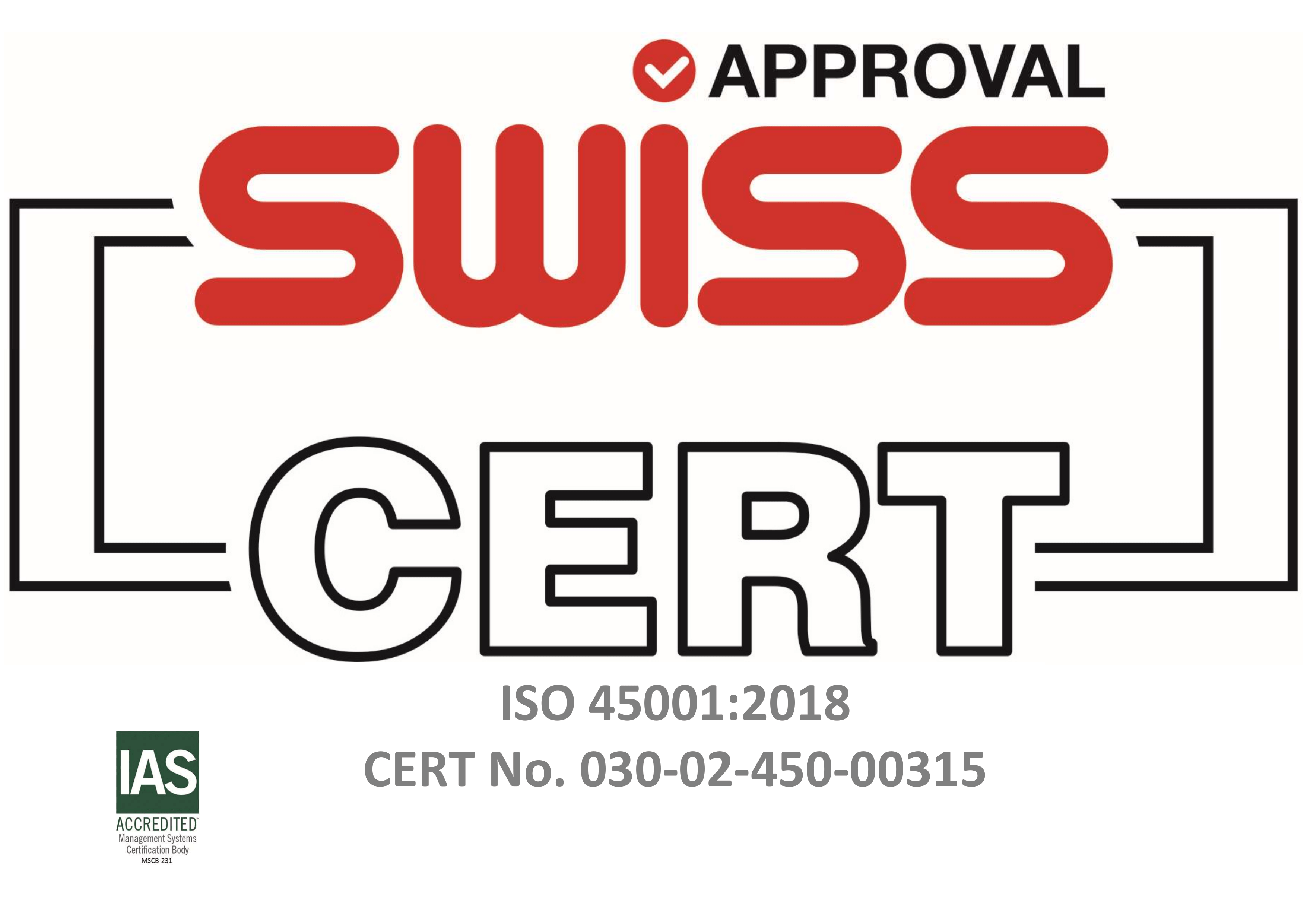 ISO 45001 certification badge (SWISS CERT)